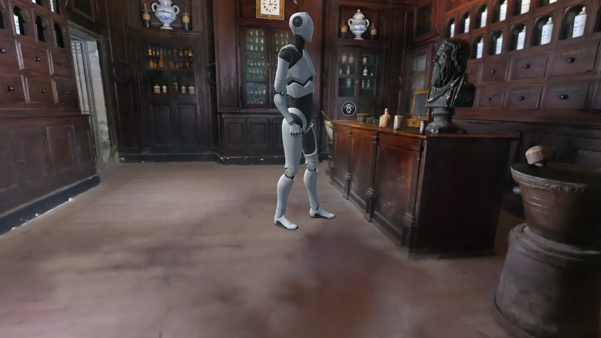 Déambulation virtuelle avec avatar — pharmacie historique capturée en 3DGS