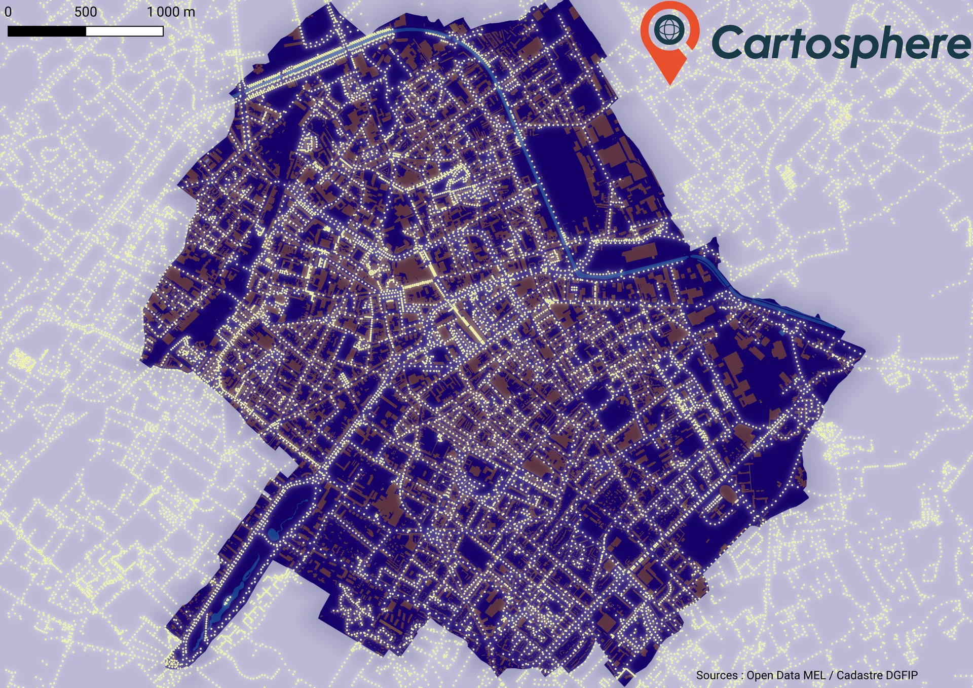 Carte des points lumineux de Roubaix — éclairage public, Open Data MEL / Cadastre DGFIP